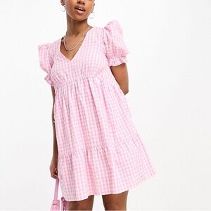 ASOS Miss Selfridge Pink Gingham Check Tiered Mini Babydoll Puff Sleeve Dress